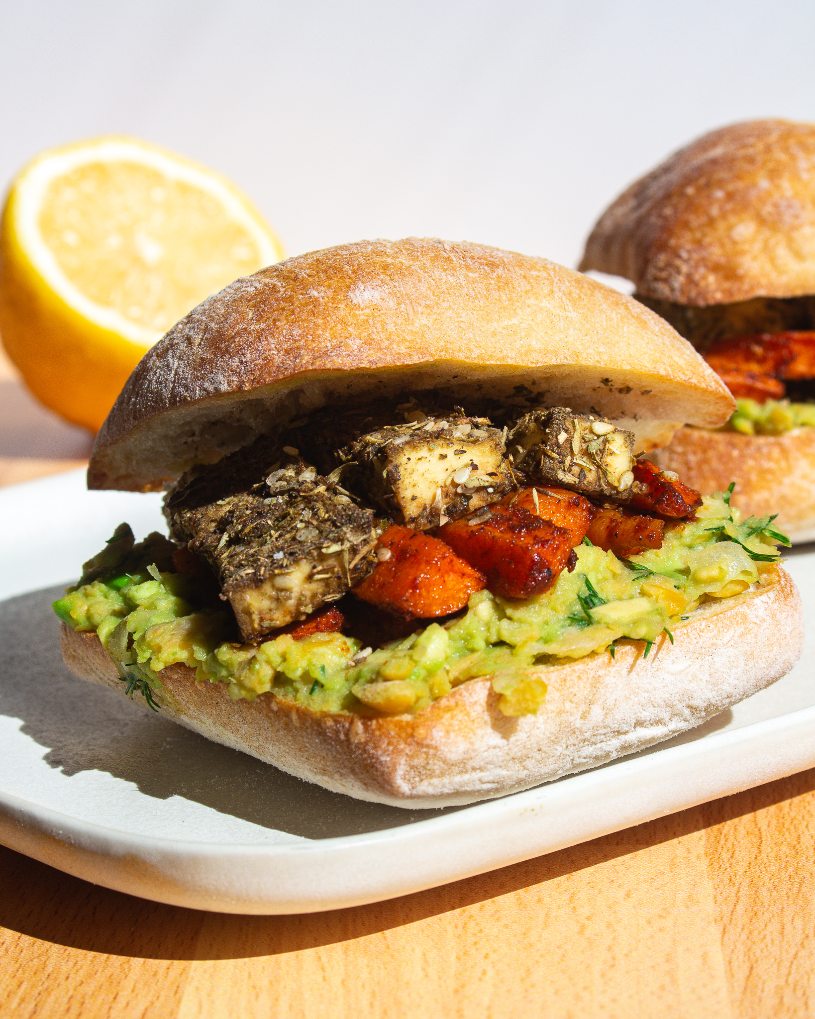Za'atar Tofu Sandwich with Spicy Carrots & avocado mash