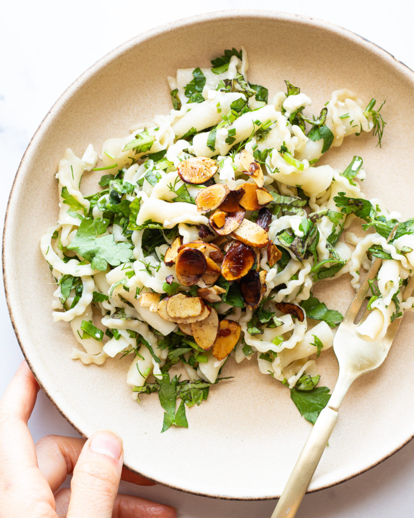 creamy lemon goat cheese pasta with herbs
