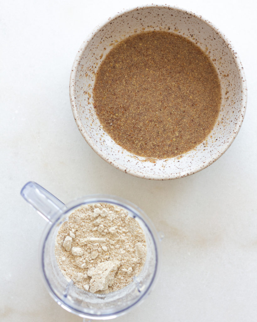 Flax egg and oat flour for vegan oatmeal chocolate chip cookies