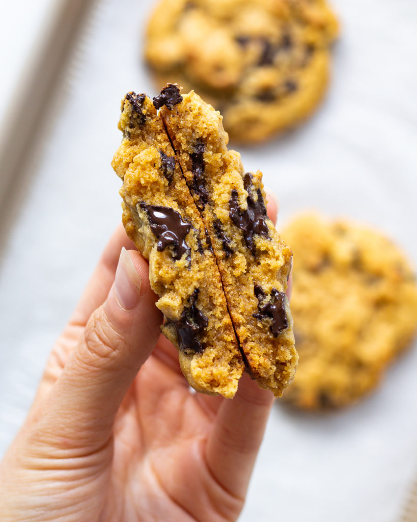 Pumpkin Chocolate Chip Cookie split in half