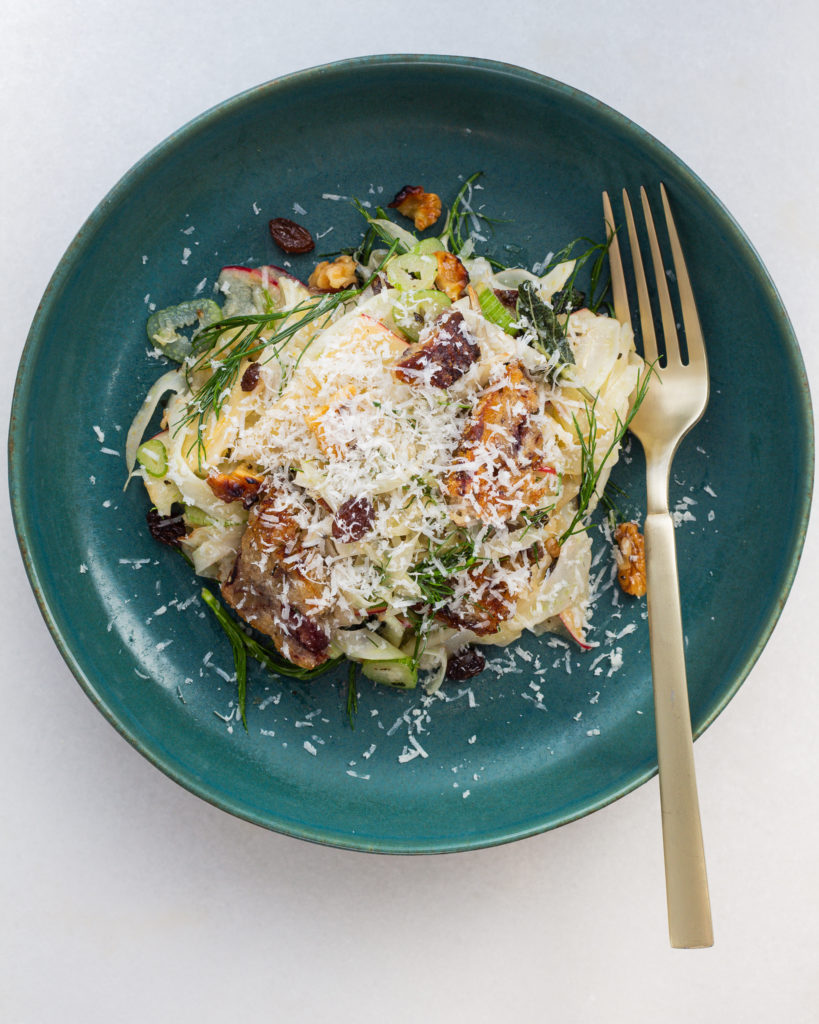 Fennel Apple Salad with Walnuts, Torn Croutons and Fried Sage