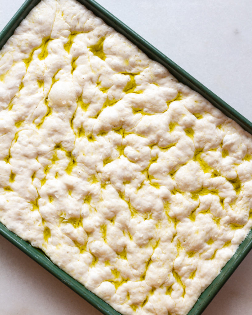 Genoa Style Focaccia dough in pan with olive oil and dimpled