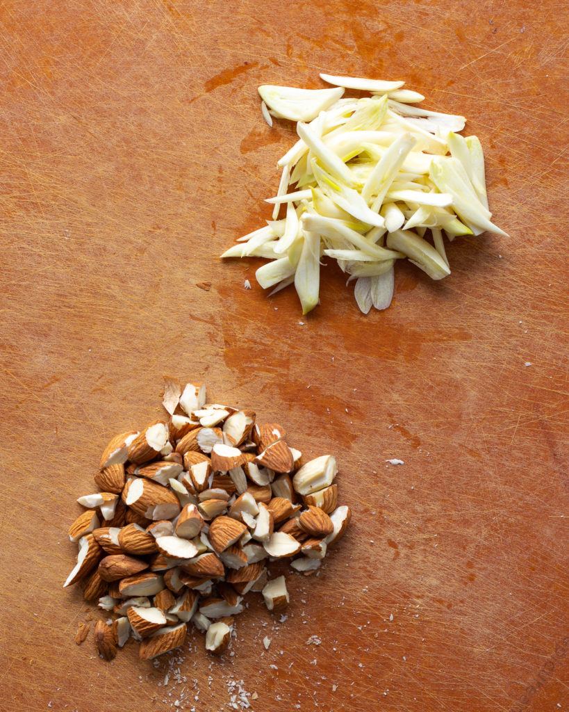 sliced garlic and chopped almonds