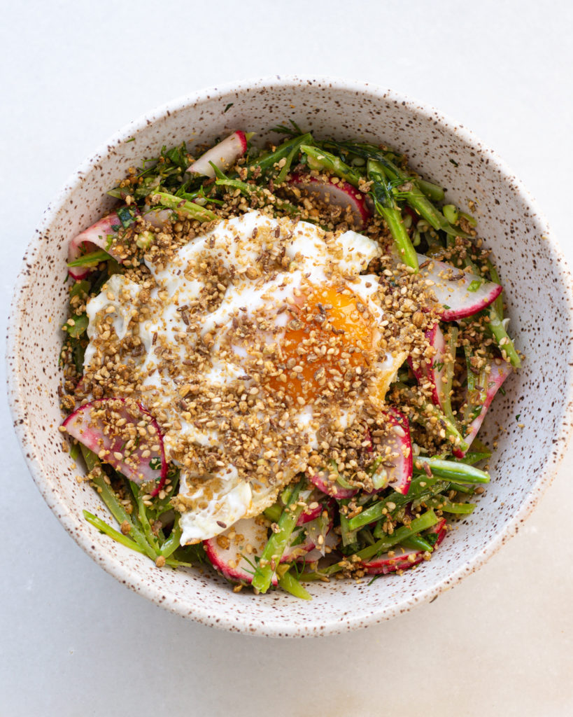 Finished Spring Snap Peas & Radishes with a Fried Egg