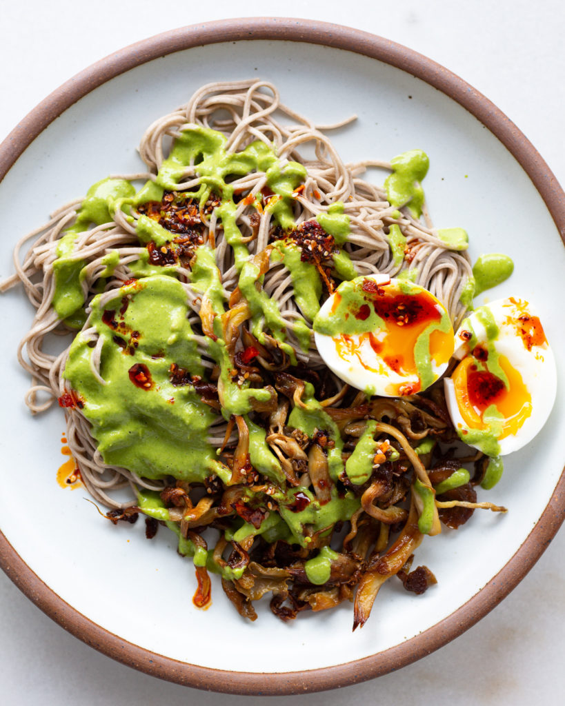 oyster mushroom on cold soba noodles