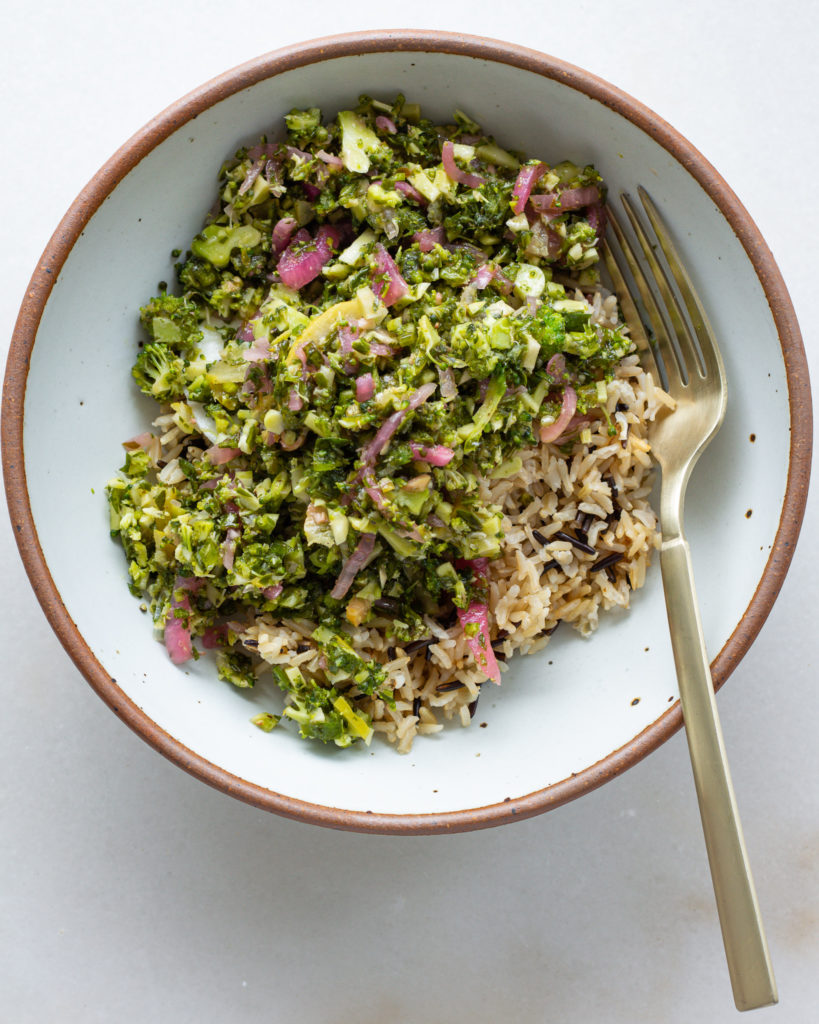 Finished Broccoli Salsa Verde with Fish en Papilotte