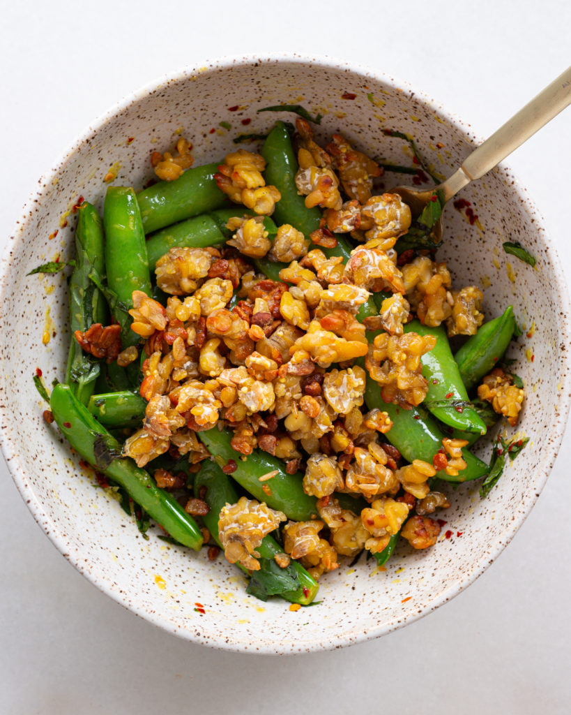 Tempeh added to snap peas