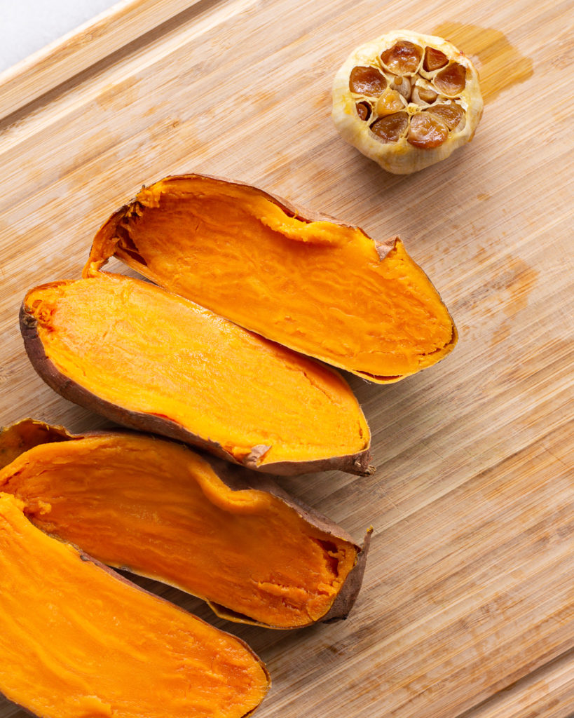 Roasted sweet potato and garlic head