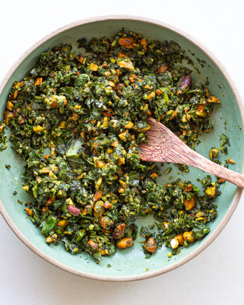 Basil pistachio relish in bowl