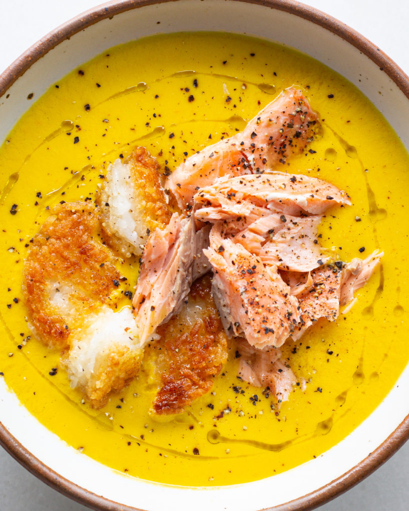 Finished Corn Gazpacho with Salmon & Crispy Rice