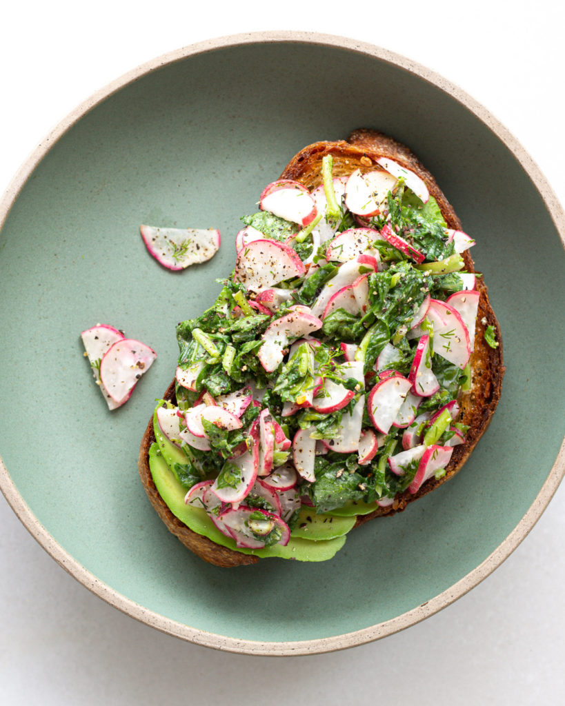 Finished Radish Greens Salad on Avocado Toast