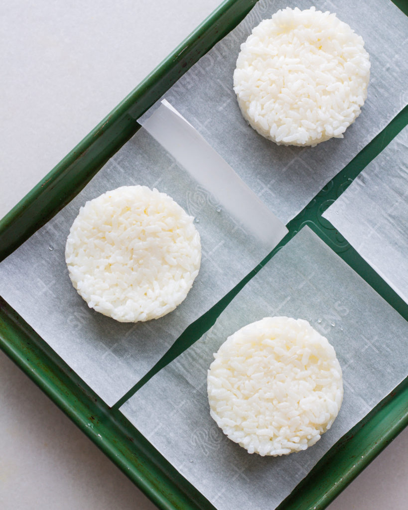 Rice disks on baking sheet