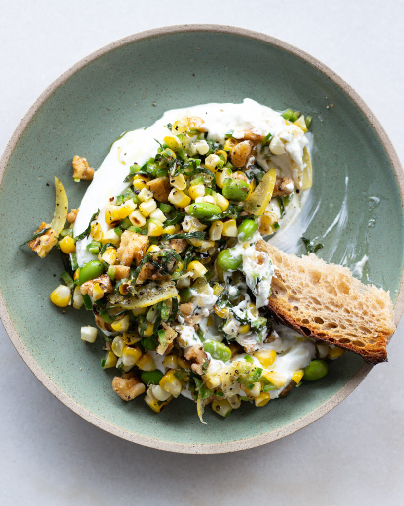 Finished Charred Corn Yogurt Dip with Preserved Lemon