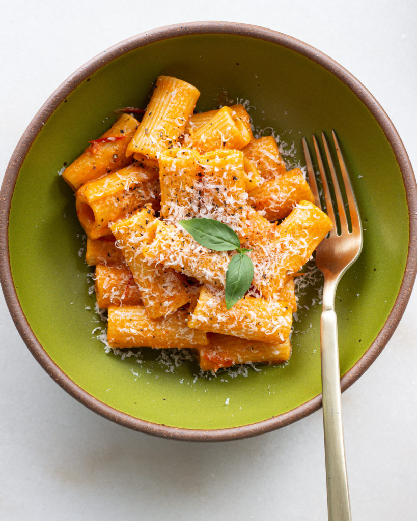 Finished Tomato & Peach Pasta with parmesan
