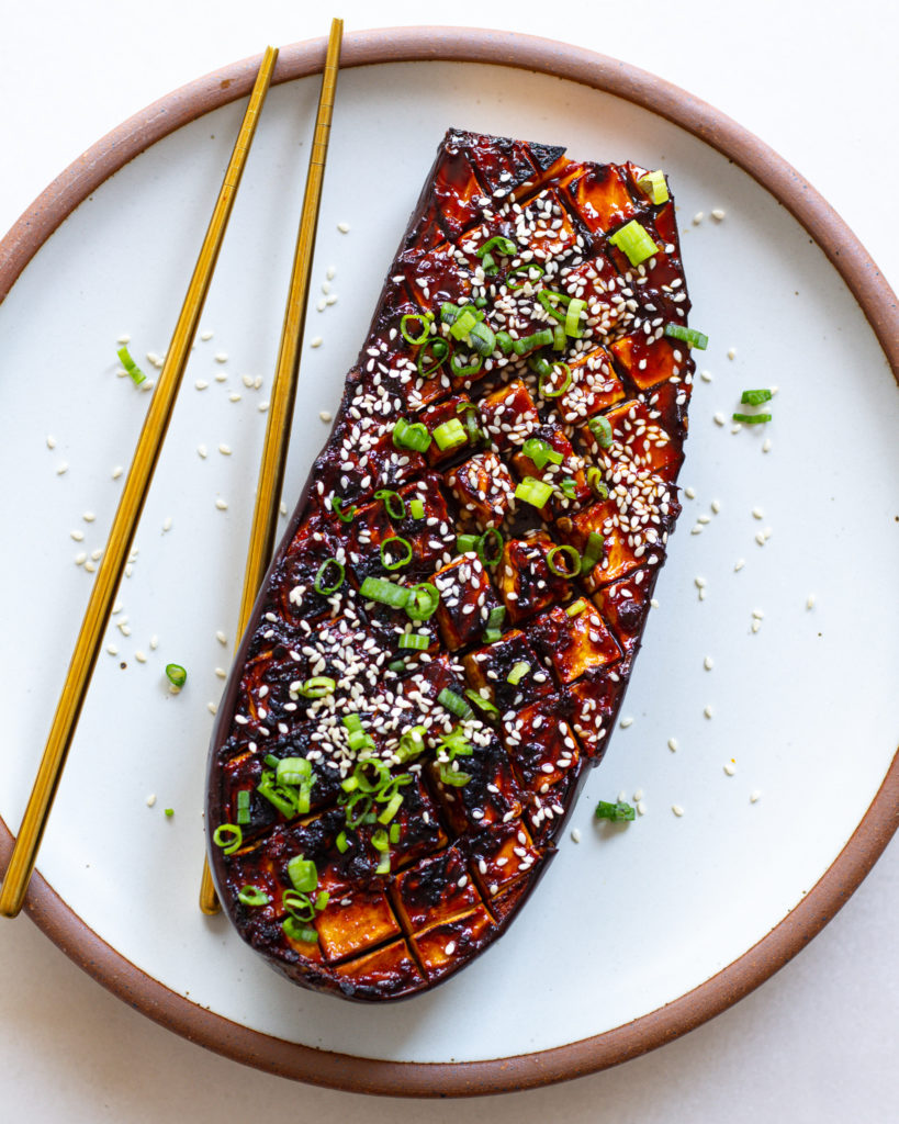 Finished Miso-Glazed Eggplant with sesame seeds and scallions