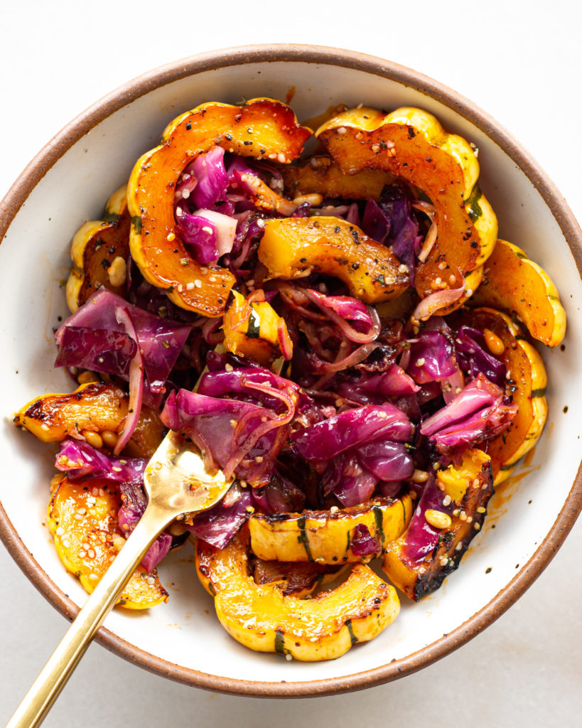 Finished Agrodolce Cabbage with Chili Delicata Squash