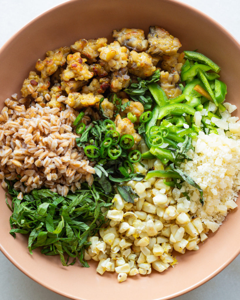Finished Grilled Corn & Tempeh Salad with Farro, Basil & Mint