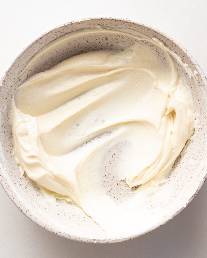 Cream cheese smoothed in bowl