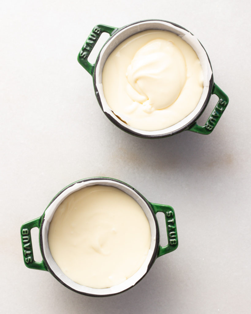 Cheesecake batter added to mini dutch ovens
