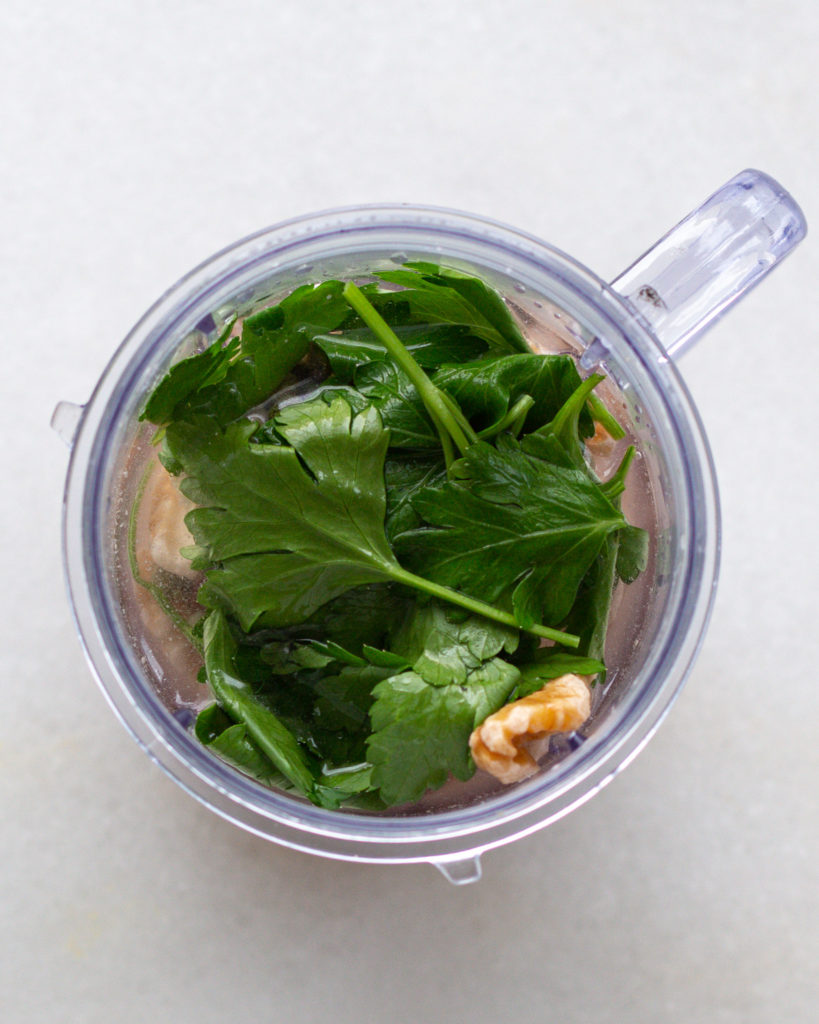 All walnut mustard cream ingredients in food processor