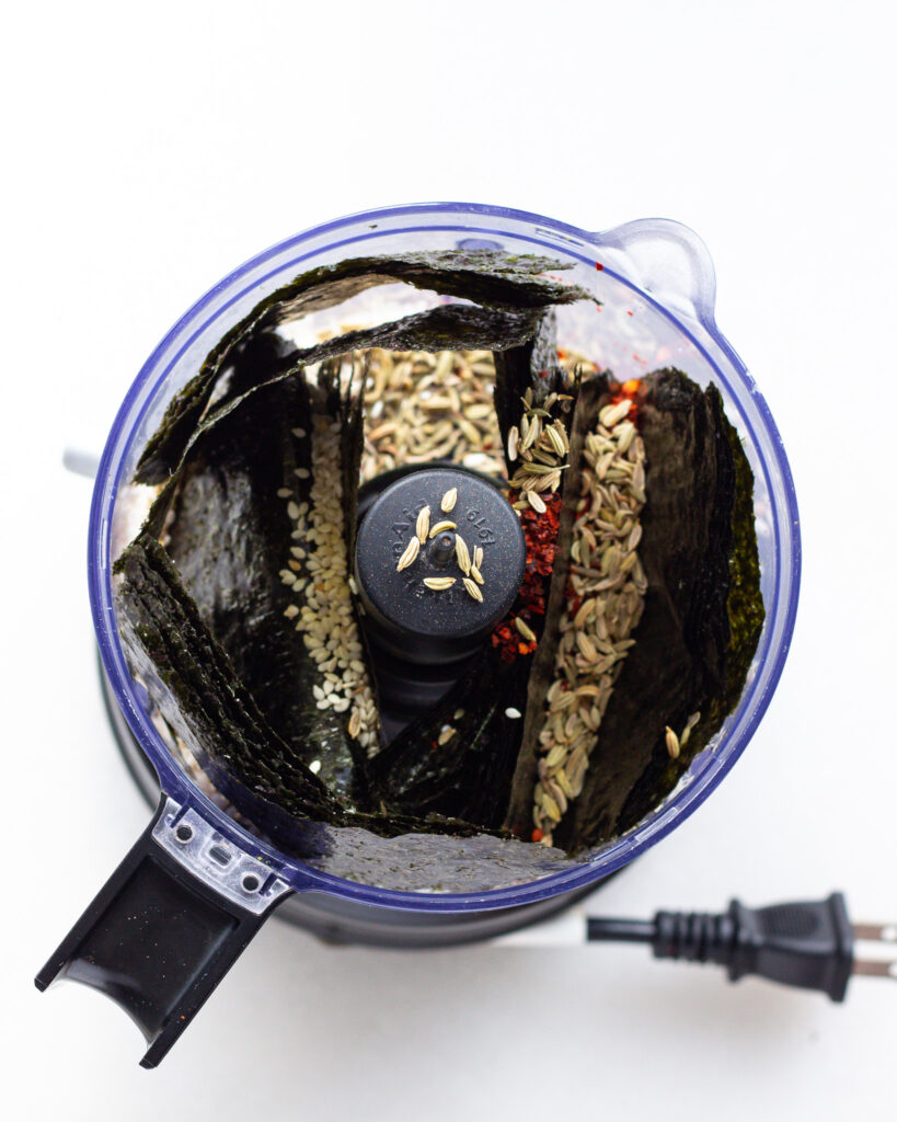 nori sheets and spices in a food processor