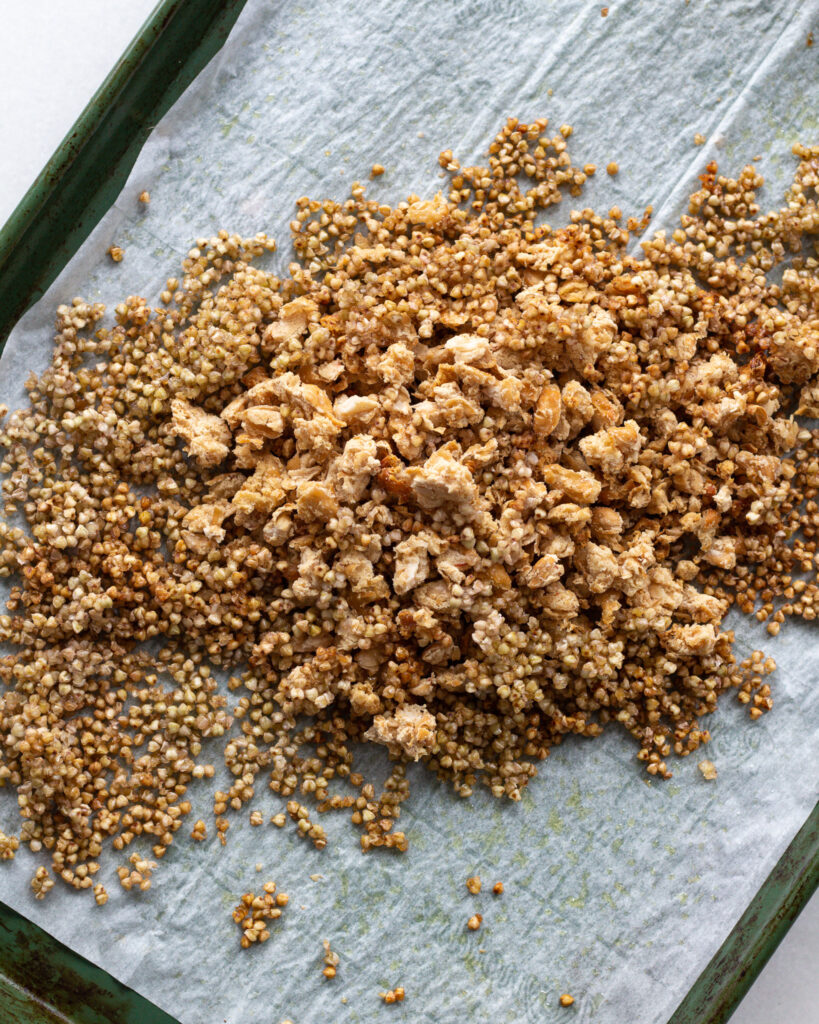 crispy buckwheat and beans on a baking sheet