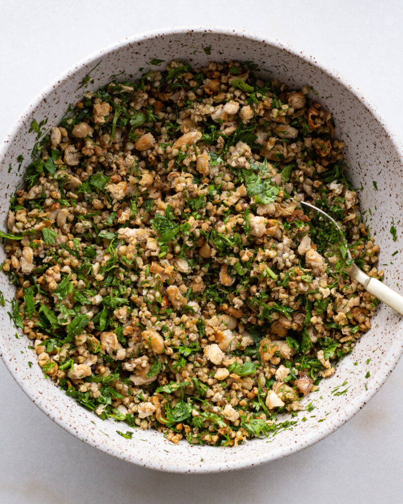 Ingredients for crispy buckwheat and beans mixed in a bowl