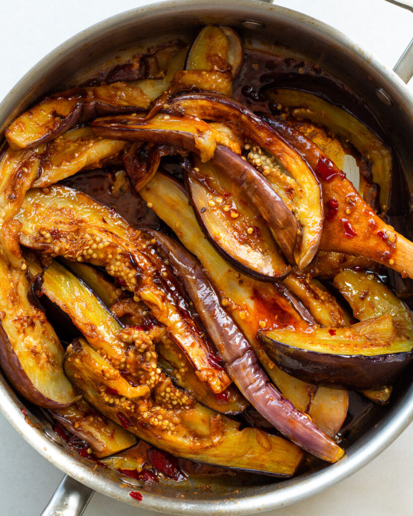 Calabrian Chili Butter Eggplant in sauce pan