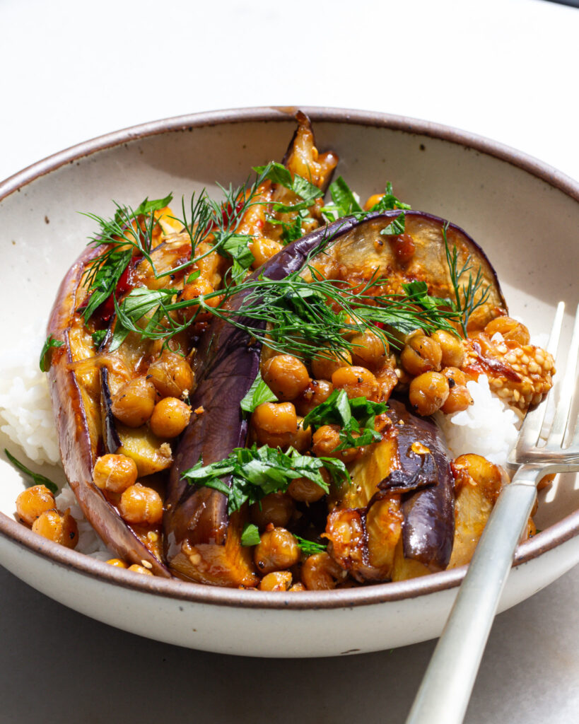 Finished Calabrian Chili Butter Eggplant with Crispy Chickpeas