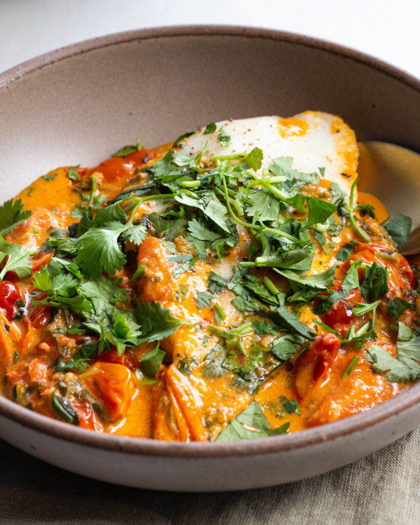 Finished tomato fish curry with cilantro topping