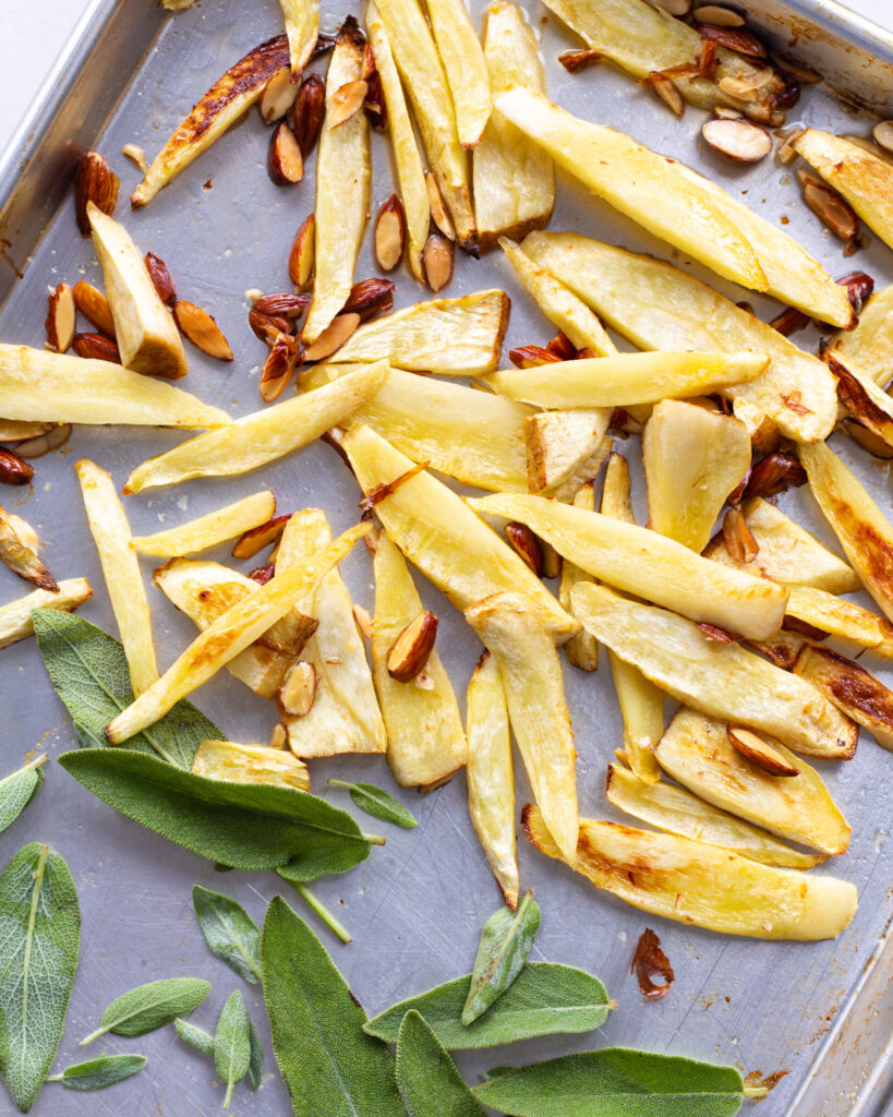 Roasted parsnips, and almonds, plus uncooked sage