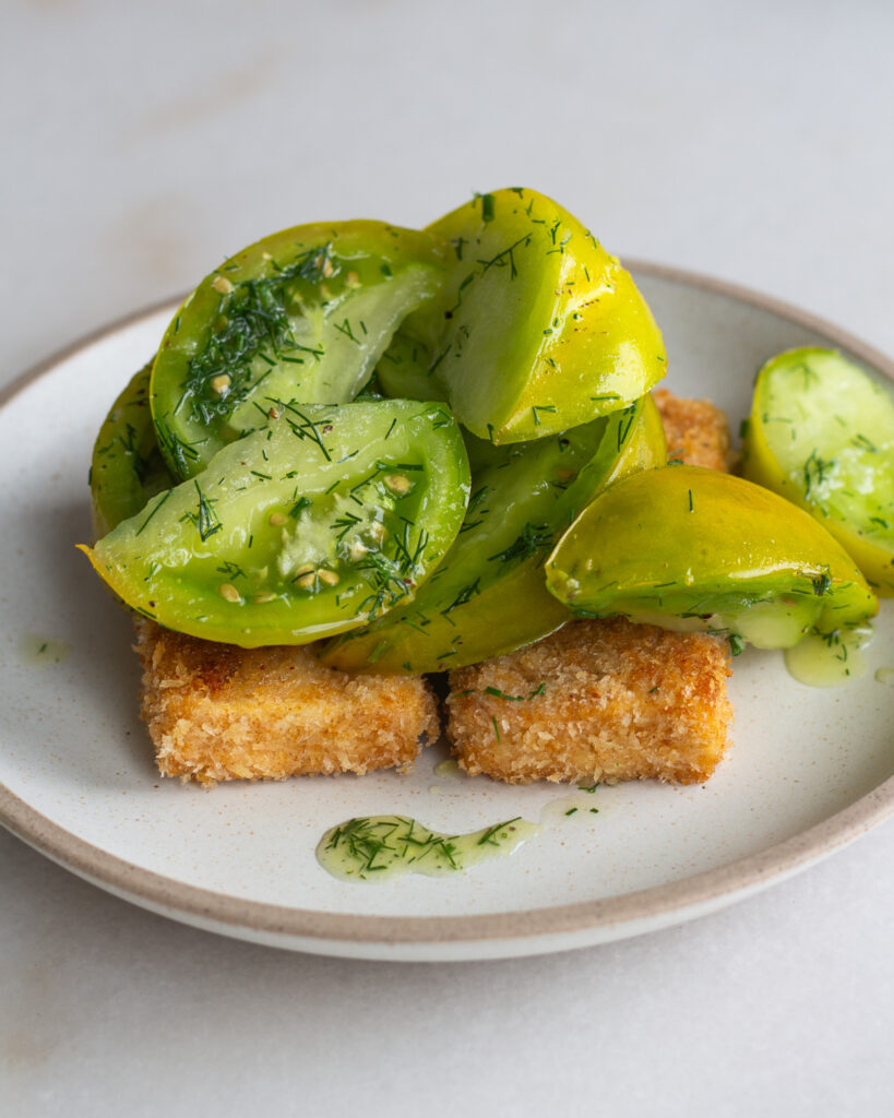Finished Green Tomato Salad Over Fried Tofu