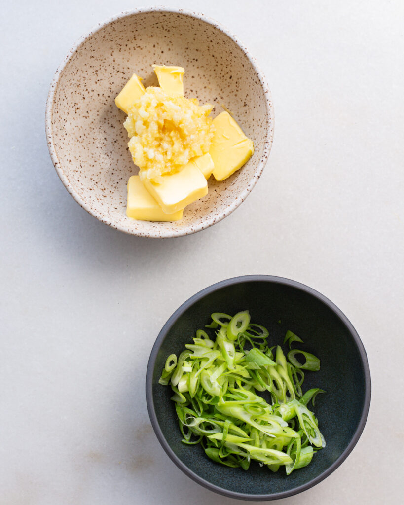 Scallions and preserved lemon butter in separate bowls