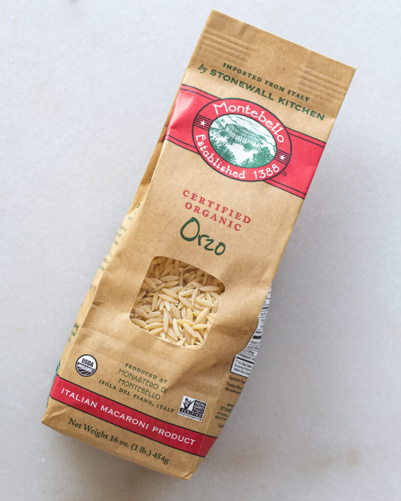 Uncooked orzo in package