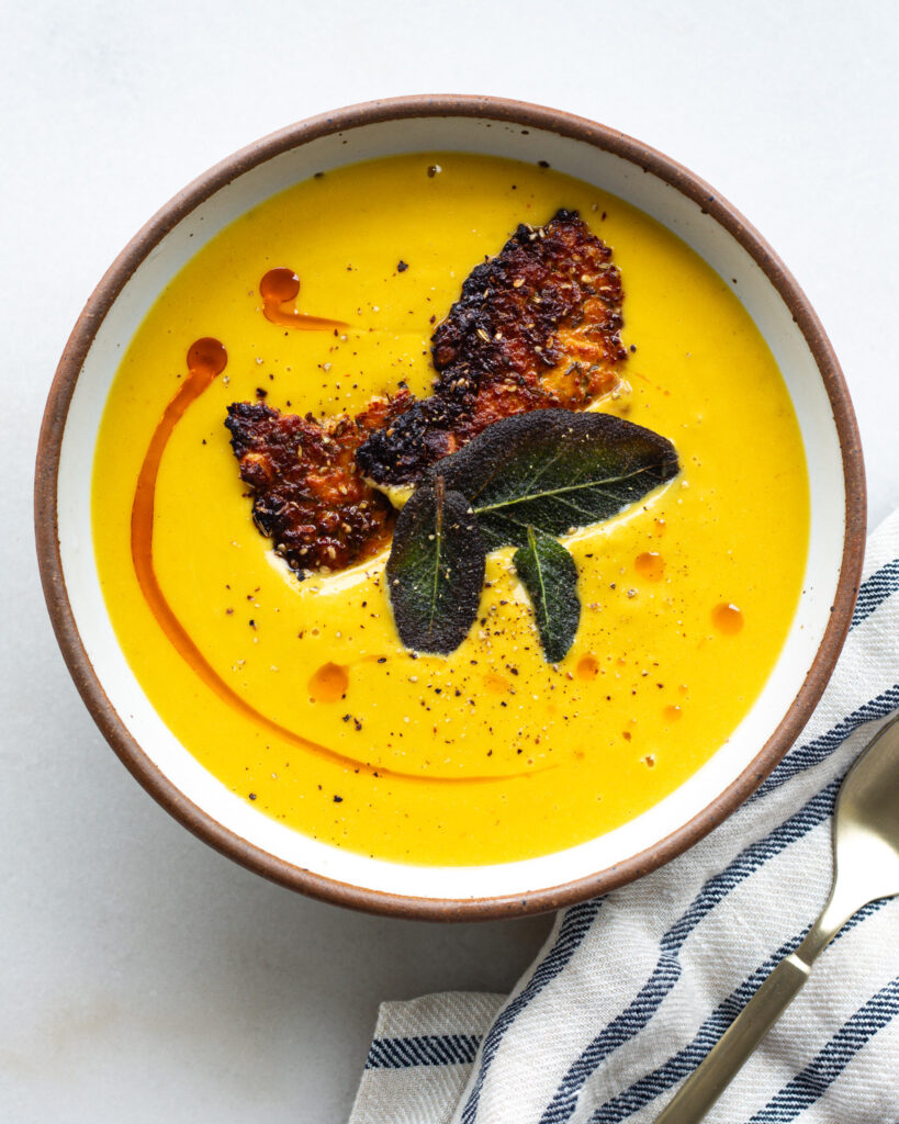 finished Roasted Feta Soup with Feta Seed Crisps