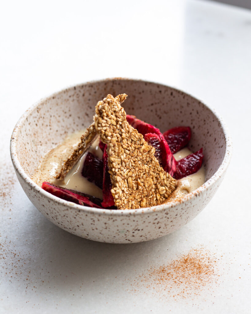 Five Spice Sesame Granola Bark with blood orange and yogurt