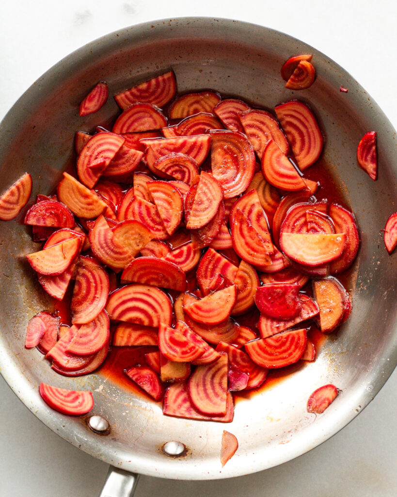 beets with agrodolce sauce in pans