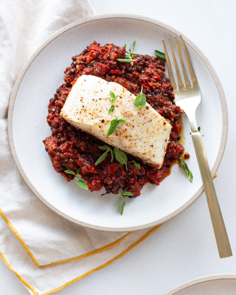 Burnt Tomato Lentils & Cod