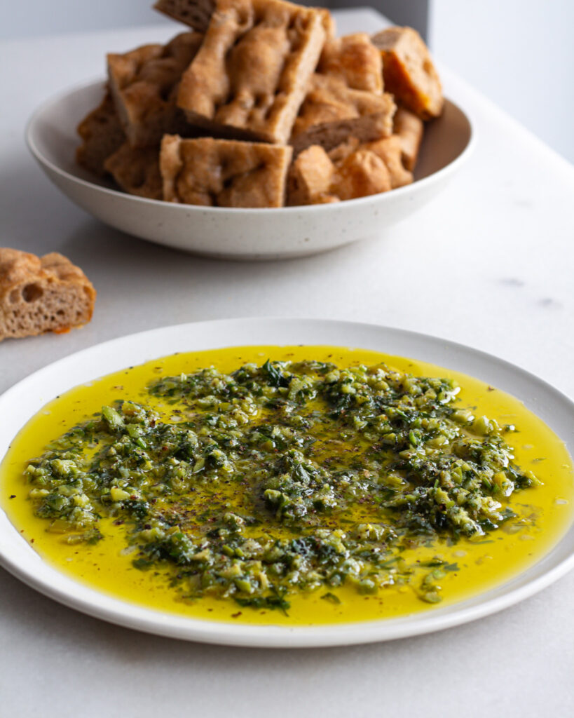 Jalapeno dipping oil on a plate. 