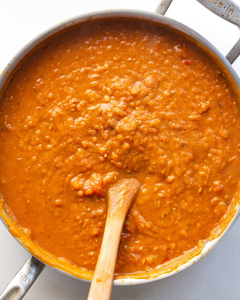 Sweet Potato Romesco Lentils in pan
