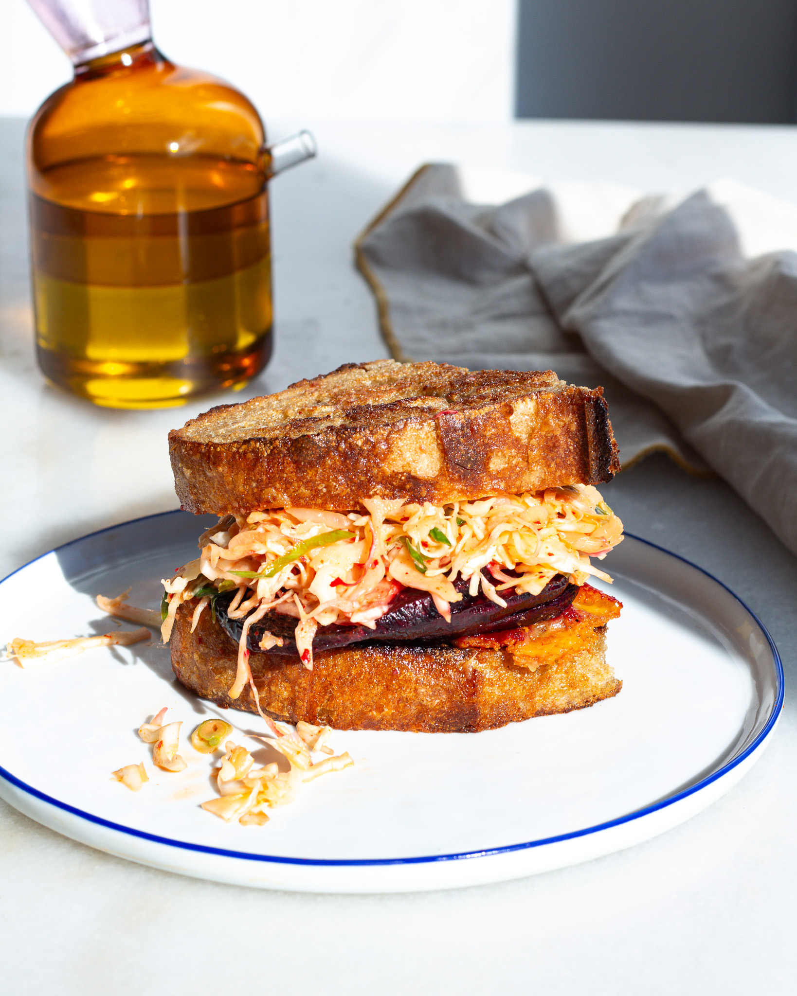 Seared Beet Sandwich with Kimchi Slaw & Cheddar