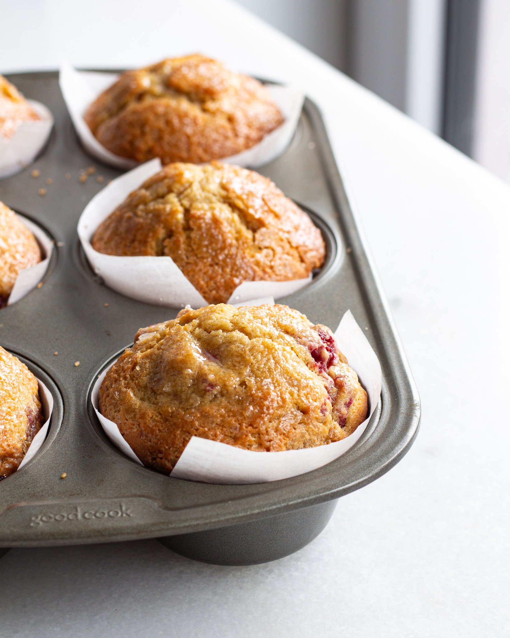 Raspberry Muffins with Basil Syrup