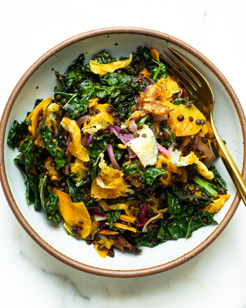 Baked Kale Salad with Apple Cider Vinaigrette and Griddled Goat Cheese 