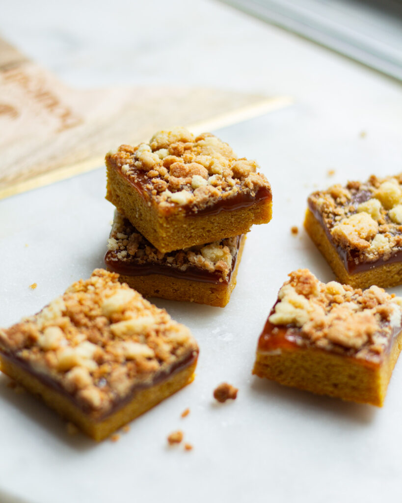 Pumpkin bars with chai caramel and cardamom crumble