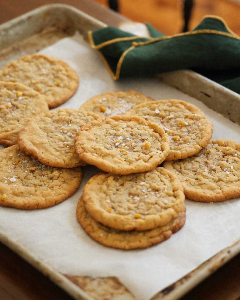 brown butter oatmeal corn cookies on a sheet pan 