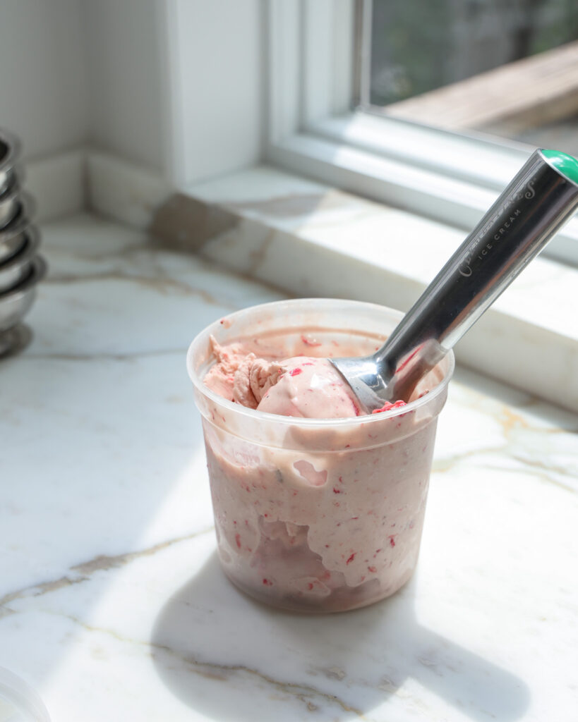 homemade strawberry ice cream in a container