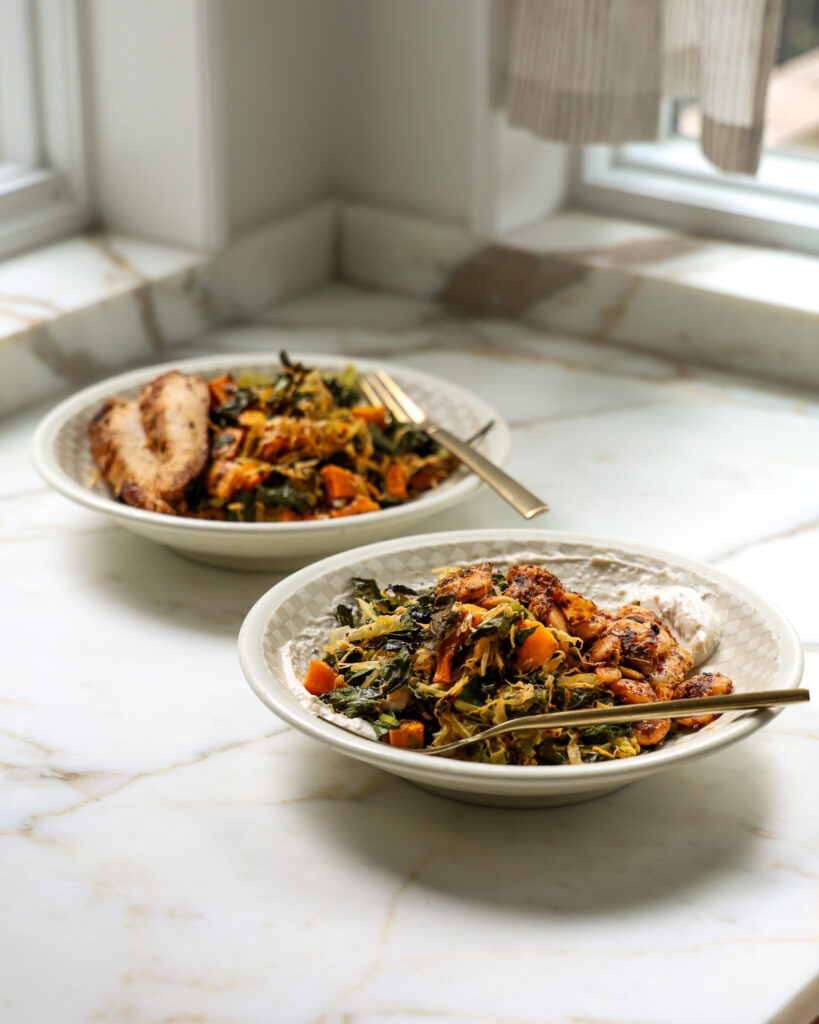 two baked salads on a counter