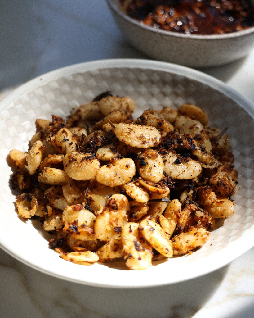 salsa macha seared beans in a bowl 