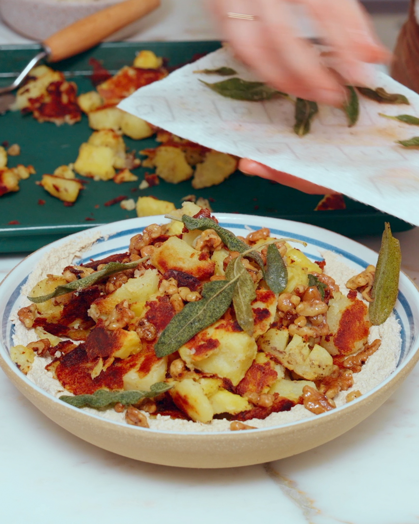 Brown Butter Crispy Potatoes with Walnuts & Sage