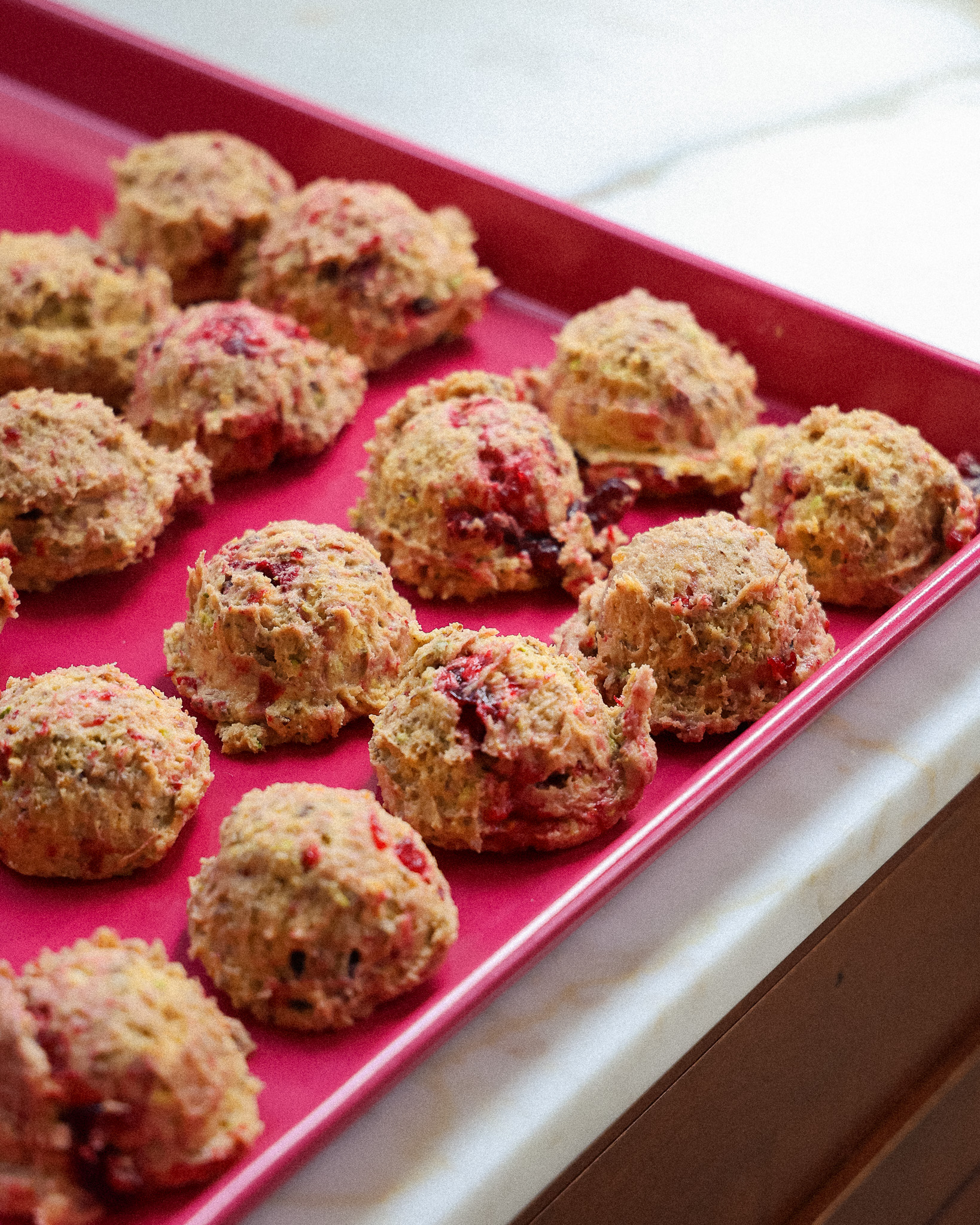 Honeynut Cookies with Pistachio Chocolate and Cranberry Swirl